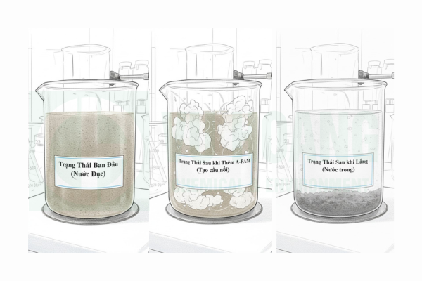 Hình minh họa 3 bước tạo bông bùn bằng polymer anion
